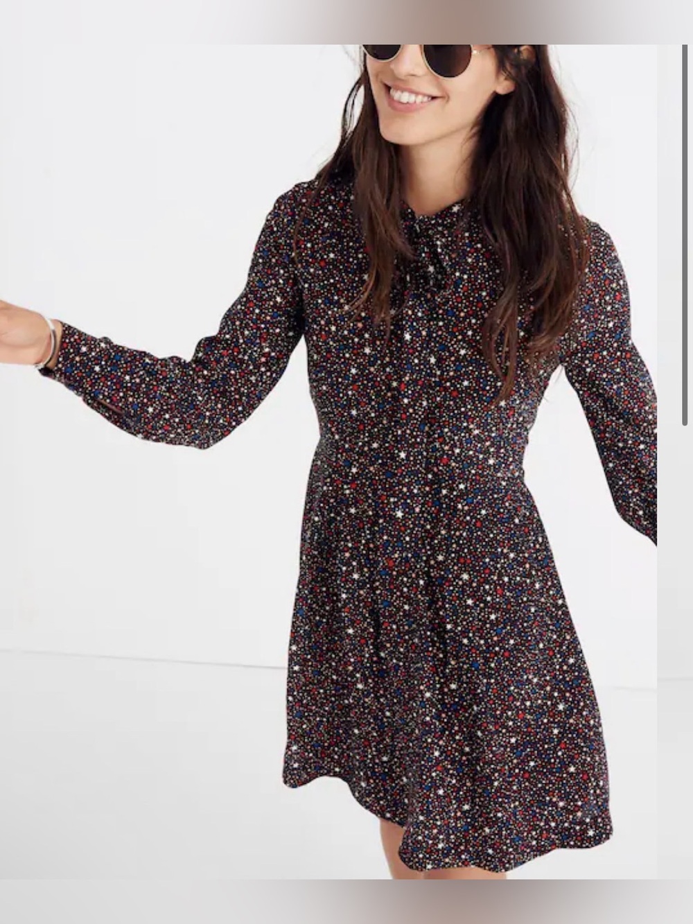 Madewell Silk Mini Dress Tie-Neck Starry Night Black Long Sleeve Sz 2